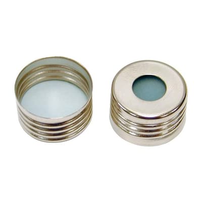 Chromatography Research Supplies 18 mm Magnetic Screw Cap w/ 1.3 mm White PTFE/Ice blue sil. rubber septa(100/pk)